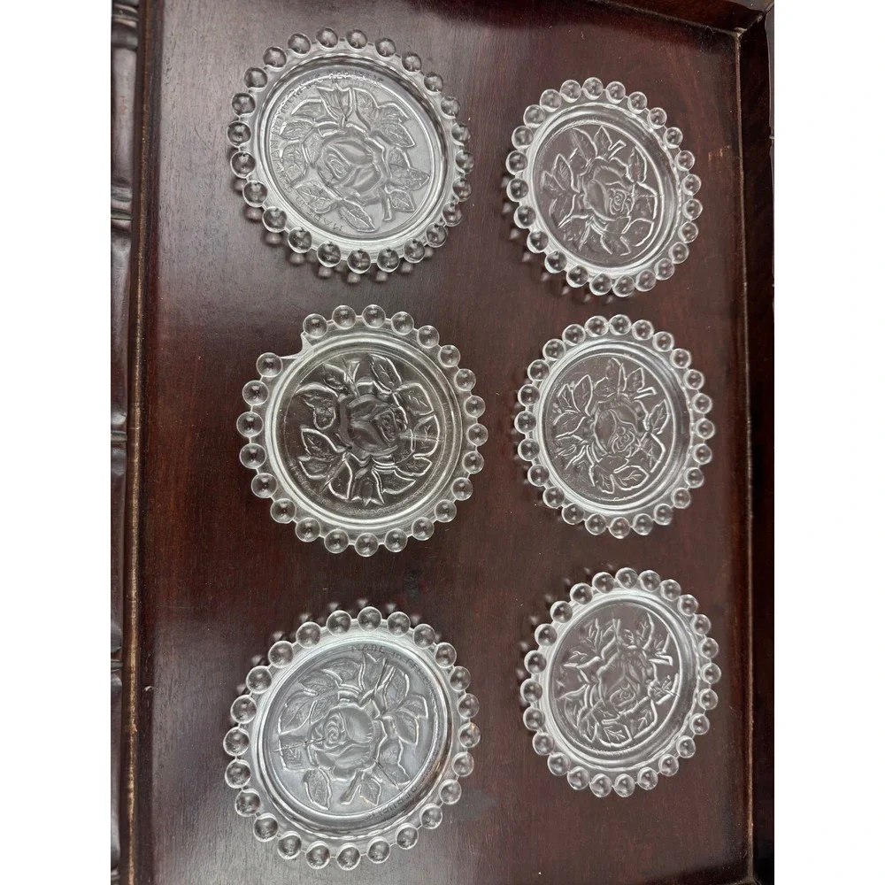 Vintage Set of 6 Rose Glass Coasters Made in German Democratic Republic Bead Rim